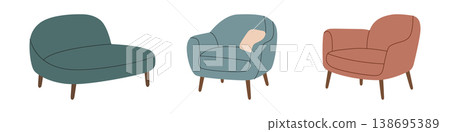 Modern accent chairs. Cozy, trendy seating furniture illustrations in pastel tones for decor visuals and interior layouts. 138695389