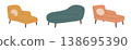 Flat modern lounge chairs and chaises. Elegant seating furniture set for home decor and design projects. 138695390
