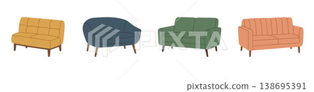 Vector loveseat and sofa collection in pastel tones. Modern and cozy interior furniture designs for home decor illustrations. 138695391