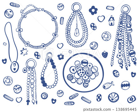 A set of contemporary hand draw jewelry. Chokers, keychains, bracelets, and pendants. Designed in a minimalist blue line style. 138695445