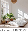 Bright minimalistic bedroom with plants and large window 138695598