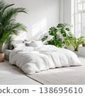 Bright Minimalist Bedroom with Lush Green Plants 138695610