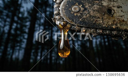 Heavy-duty metal chainsaw bar, chain covered in mud, grime, with sticky sap. Harsh outdoor environment. 138695636