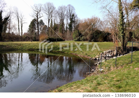 A tranquil spring landscape with a pond and trees reflected in the water A tranquil spring landscape with a pond and trees reflected in the water 138696010