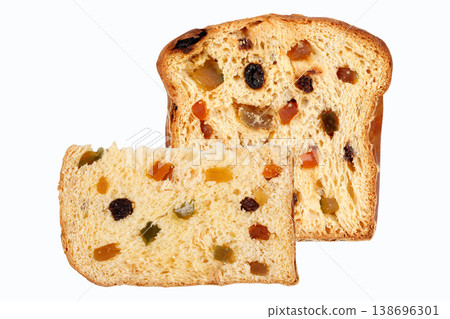Traditional Christmas panettone sliced and filled with candied fruit and raisins, set on a white background. A classic sweet bread from Italian cuisine Traditional Christmas panettone sliced and filled with candied fruit and raisins, set on a white background. A classic sweet bread from Italian cuisine 138696301