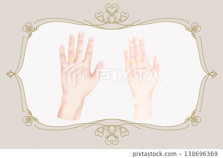 Hands of a man and woman wearing wedding rings; wedding image; June bride Hands of a man and woman wearing wedding rings; wedding image; June bride 138696369