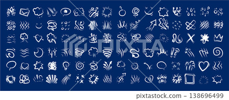 Line cartoon comic expression icons in blue background. Doodle movement marks, bubbles, boom and spark shapes Line cartoon comic expression icons in blue background. Doodle movement marks, bubbles, boom and spark shapes 138696499