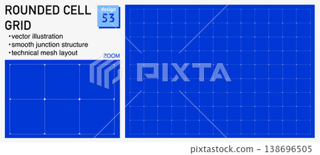 Blueprint grid system rounded cell geometry, zoom detail view. Smooth junction structure demonstration, engineering Blueprint grid system rounded cell geometry, zoom detail view. Smooth junction structure demonstration, engineering 138696505