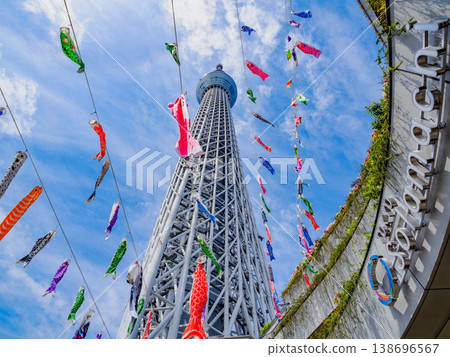 A view of carp streamers swimming in the clear blue sky of May, with the Tokyo Skytree in the background. A view of carp streamers swimming in the clear blue sky of May, with the Tokyo Skytree in the background. 138696567
