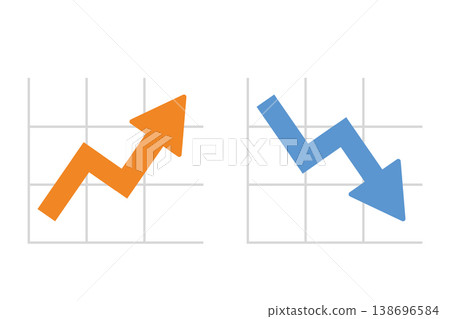 Upward and downward arrows, graph display, orange and blue colors, increase/decrease image. Upward and downward arrows, graph display, orange and blue colors, increase/decrease image. 138696584