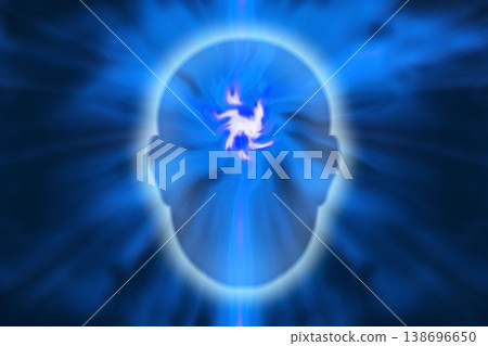 一幅藍黑色的圖像，能量從人頭輪廓的眉間發出並擴散。 138696650