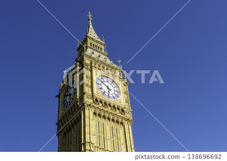 Close-Up of Big Ben in London on a Bright Sunny Day with Clear Blue Sky Close-Up of Big Ben in London on a Bright Sunny Day with Clear Blue Sky 138696692