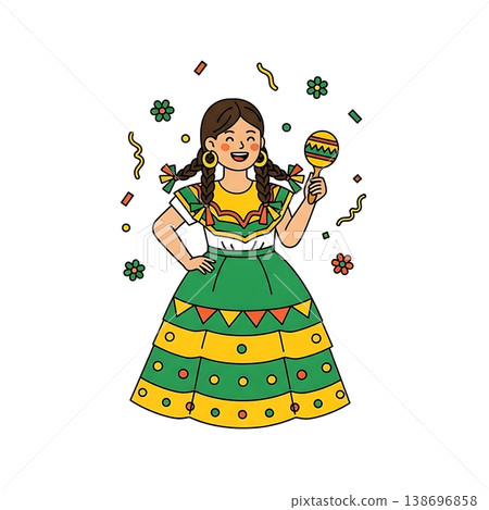 Woman in traditional Mexican dress celebrating. 138696858