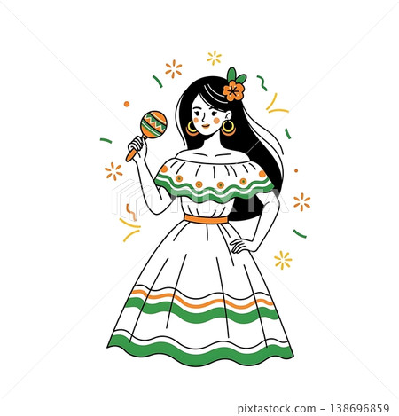 Woman in traditional Mexican dress dancing. 138696859