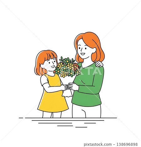 Mother and daughter holding flowers together. 138696898