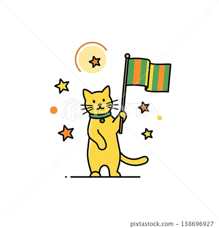 Happy cat holding colorful flag stars. 138696927