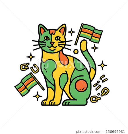 Vibrant Cat with Jamaican Flag Colors. 138696981