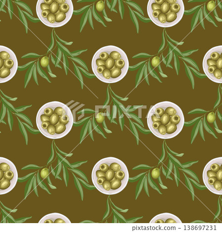 Olive fruit in bowl vector seamless pattern. Hand drawn leaves and branch on green background. Organic greek food for restaurant menu design. Natural italian kitchen textile fabric or wallpaper. Olive fruit in bowl vector seamless pattern. Hand drawn leaves and branch on green background. Organic greek food for restaurant menu design. Natural italian kitchen textile fabric or wallpaper. 138697231