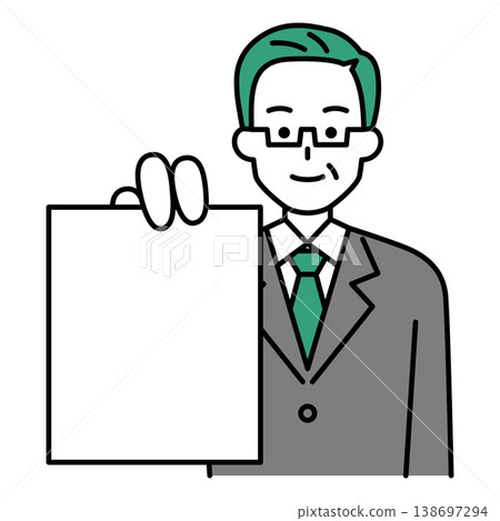 一名身穿西裝的中年男子正在展示文件 138697294