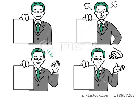 A middle-aged man in a suit showing documents (set) A middle-aged man in a suit showing documents (set) 138697295