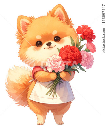 A Pomeranian in an apron holding a carnation - Mother's Day/flower shop themed cutout design #3 138697347