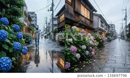 The old townscape with its rain-soaked cobblestone streets and hydrangeas in full bloom. The old townscape with its rain-soaked cobblestone streets and hydrangeas in full bloom. 138697796