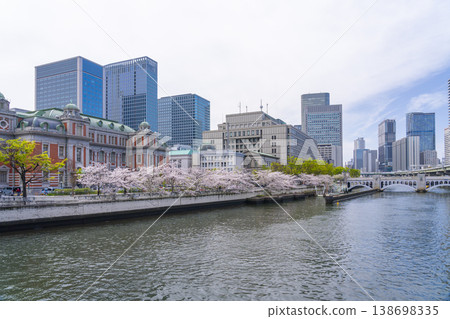 大阪中之島:大阪市中央公會堂與盛開的櫻花。 大阪中之島:大阪市中央公會堂與盛開的櫻花。 138698335