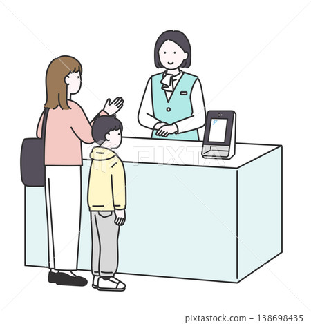 An illustration of a patient with a child consulting with a female staff member at the hospital reception. An illustration of a patient with a child consulting with a female staff member at the hospital reception. 138698435