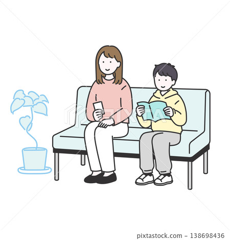 A simple vector illustration of a parent and child waiting their turn on a sofa in a waiting room. 138698436