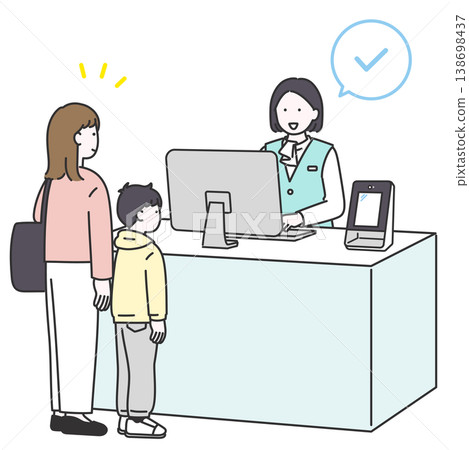 An illustration of a female hospital staff member guiding a patient with a child to complete the necessary procedures at the hospital reception. An illustration of a female hospital staff member guiding a patient with a child to complete the necessary procedures at the hospital reception. 138698437