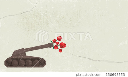 military Tank with red roses at the muzzles of cannon polygon shapes painted on old cement wall fade condition have blank space. military Tank with red roses at the muzzles of cannon polygon shapes painted on old cement wall fade condition have blank space. 138698553