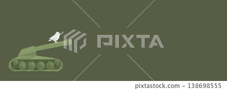 Peace dove carrying olive branch on military tank polygon shapes on green background have blank space. 138698555