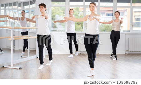 Female ballet dancer participating group rehearsal in studio Female ballet dancer participating group rehearsal in studio 138698782