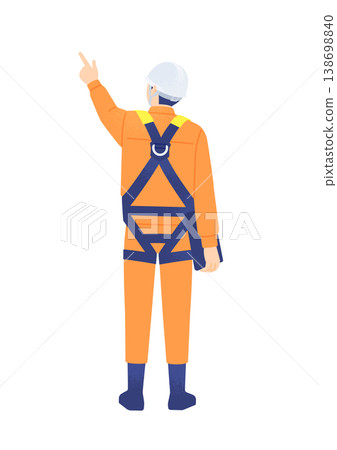 Vector illustration of a male worker in a full harness, seen from behind, holding a tablet and pointing to confirm something. Vector illustration of a male worker in a full harness, seen from behind, holding a tablet and pointing to confirm something. 138698840
