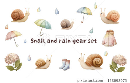 一組蝸牛和雨具的插圖。 一組蝸牛和雨具的插圖。 138698973