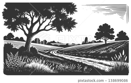 Rural Landscape with Tree and Winding Path vector Rural Landscape with Tree and Winding Path vector 138699086