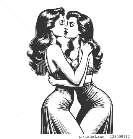 Two Women Kissing engraving raster illustration 138699112