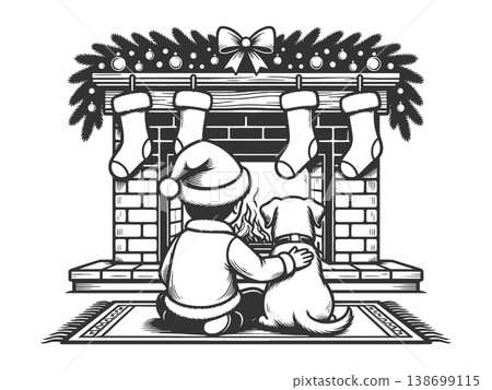 Child and Dog by Christmas Fireplace Scene vector Child and Dog by Christmas Fireplace Scene vector 138699115
