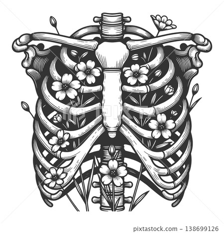 Anatomical Ribcage with Flowers engraving raster 138699126
