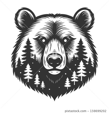 Bear Head With Forest Silhouette engraving vector Bear Head With Forest Silhouette engraving vector 138699202