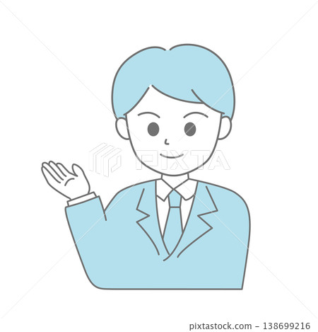 Simple line drawing illustration of a businessman giving directions and explanations. Simple line drawing illustration of a businessman giving directions and explanations. 138699216