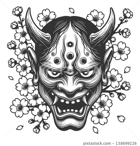 Japanese Oni Mask With Cherry Blossoms raster 138699226