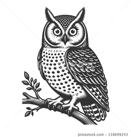 Owl Perched on Branch engraving sketch raster Owl Perched on Branch engraving sketch raster 138699243