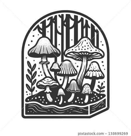 Mushroom Forest Terrarium engraving sketch raster 138699269