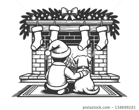 Child and Dog by Christmas Fireplace Scene raster 138699281