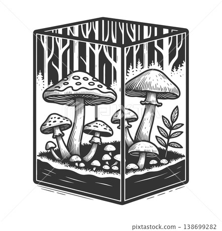 Mushroom Terrarium Forest engraving sketch vector 138699282