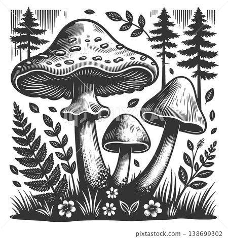 Forest Mushrooms Botanical Illustration engraving 138699302