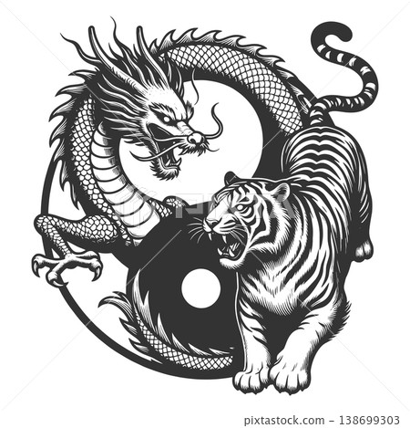 Dragon and Tiger Yin Yang engraving sketch vector Dragon and Tiger Yin Yang engraving sketch vector 138699303