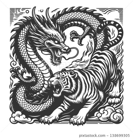 Dragon and Tiger Yin Yang engraving sketch vector Dragon and Tiger Yin Yang engraving sketch vector 138699305