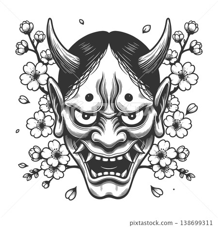 Japanese Oni Mask With Cherry Blossoms raster Japanese Oni Mask With Cherry Blossoms raster 138699311
